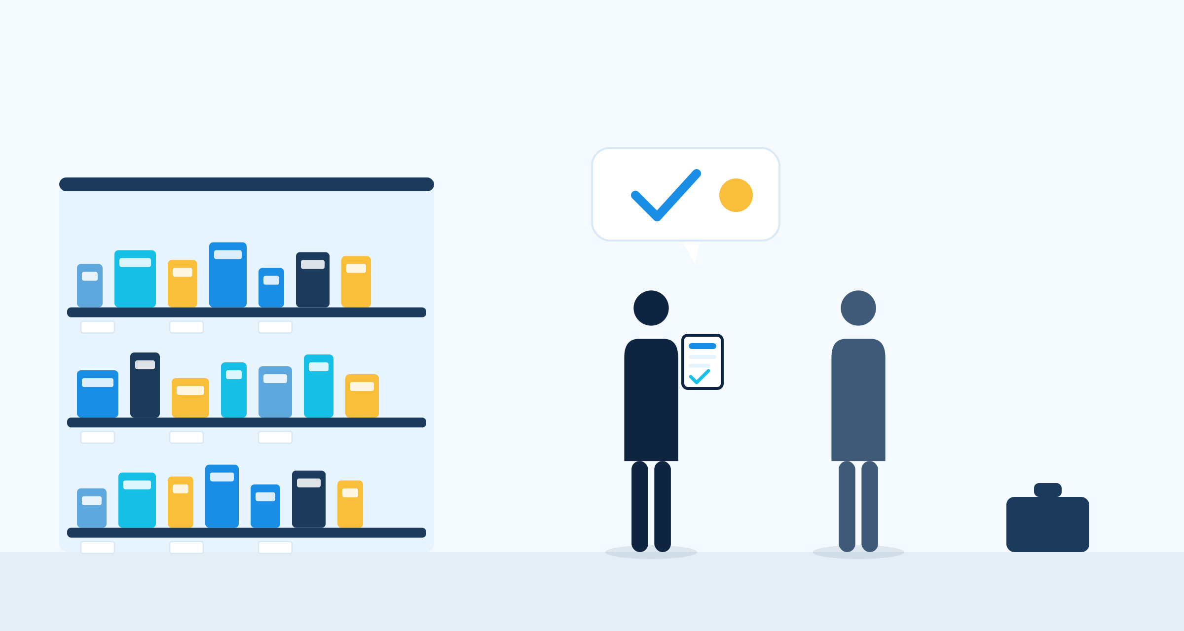 Agent commercial multicarte présentant une gamme de produits à un responsable de magasin