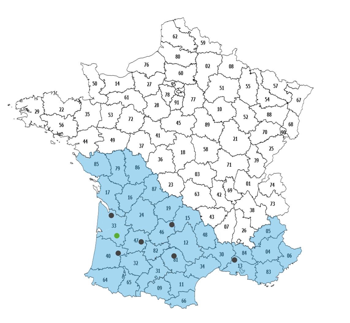 Carte des départements couverts par Go Distribution dans le Sud de la France, avec l'implantation des agents
